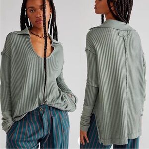 Free People RAYMOND Thermal Tunic Top Washed Army Green.   G44